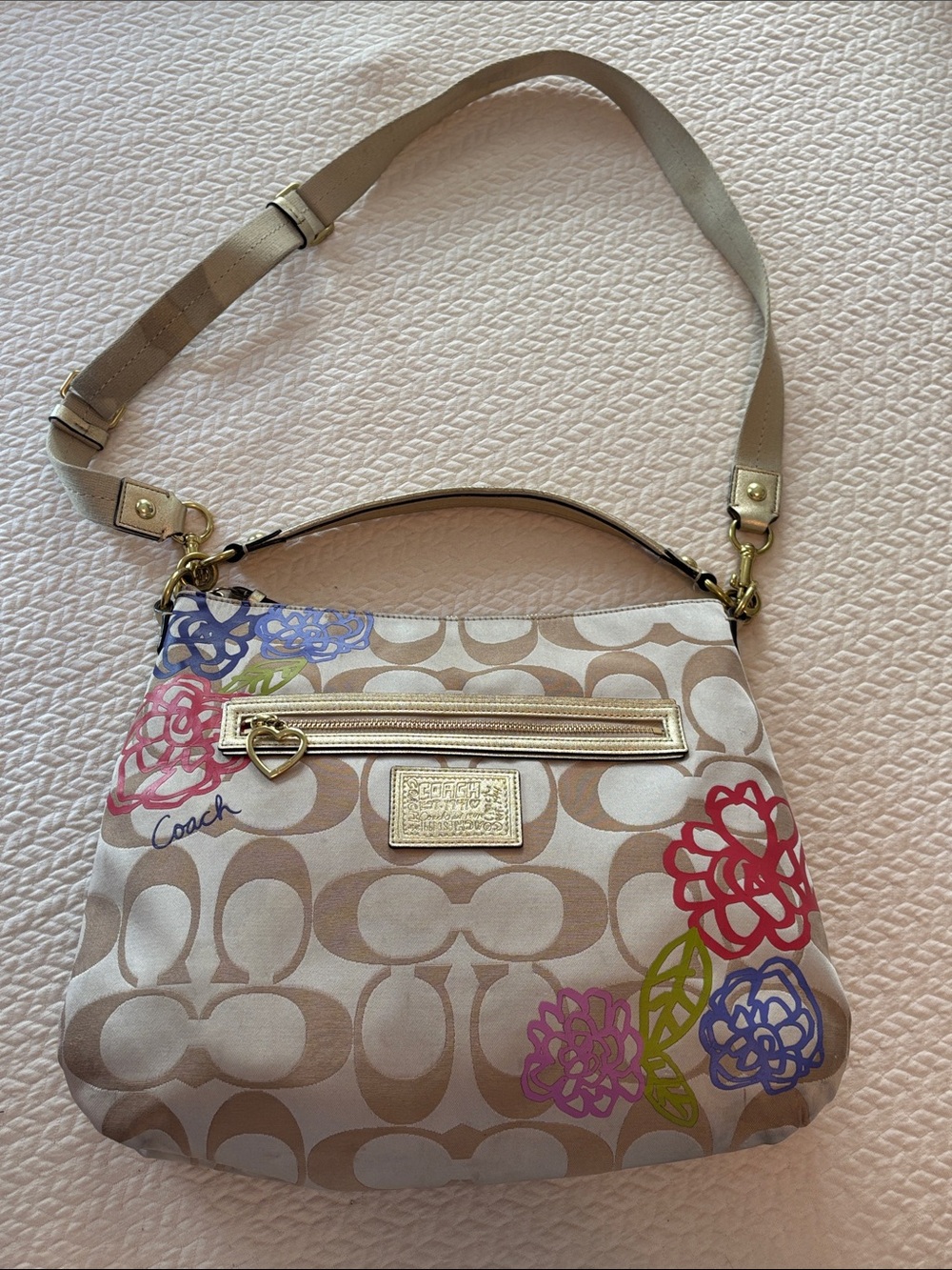 Coach Poppy Daisy Applique Floral Khaki Glitter Hobo Bag (Style F20791)
